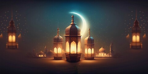 Islamic background in digital painting style with free space for your words and shining lantern, create with generative AI.