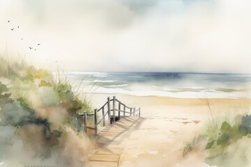Watercolor of beach in the morning, generative ai