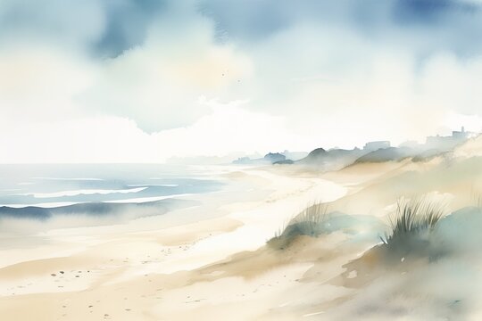 Watercolor beach and sky, generative ai