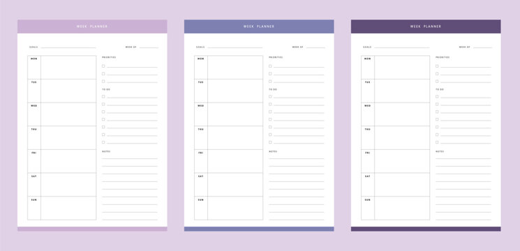 (Purple) Weekly Planner. Vector illustration.