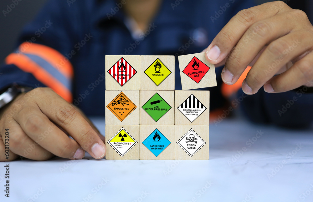 Wall mural security officers arrange dangerous warning sign icon on wooden cube for operator safety such as exp