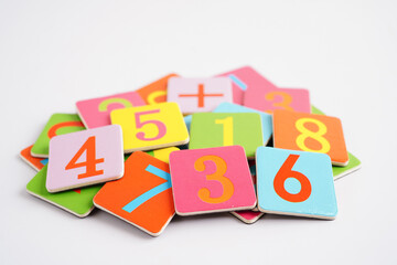 Fototapeta na wymiar Number wood block cubes for learning Mathematic, education math concept.