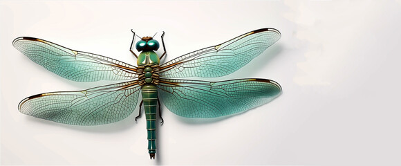 A green dragonfly sits on a white surface., generative AI
