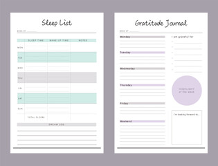 Gratitude Journal and sleep list planner. Minimalist planner template set. Vector illustration.	