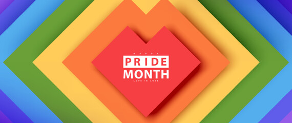Pride Month background design with Heart geometric shape Rainbow colors. Vector illustration.