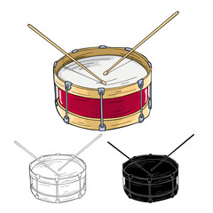 Red drum and wooden drum sticks, vector illustration