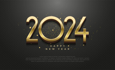 Happy new year 2024 gold 3d embossed. With shiny numbers with dark black shadows. Premium vector design for banners, posters, newsletters and other purposes.