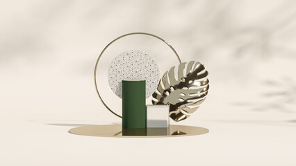 3D podium display with monstera deliciosa and frosted glass copy space. Minimal pastel background with pedestal, green plant leaves. Trendy natural product promotion banner. Simple tropical 3d render
