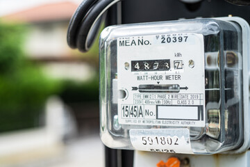 Bangkok, Thailand April 10, 2023,Electric measuring power meter for energy cost at home and office.