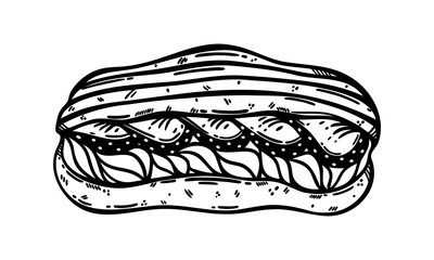 Eclair vector icon. Sweet french dessert with cream, biscuit, fresh strawberries. Tasty bun for birthday, party. Food sketch, line art. Black and white clipart for menu, cafe, print. Isolated on white