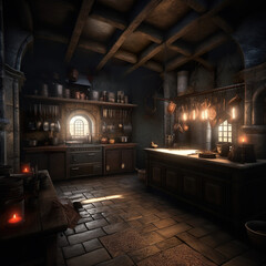 modern kitchen with medieval theme