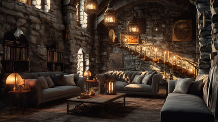 modern living room with medieval theme