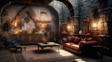 modern living room with medieval theme