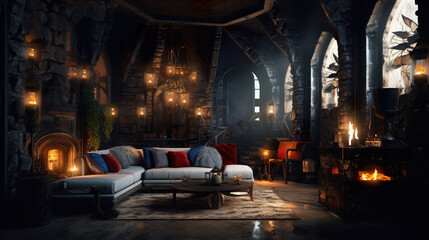 modern living room with medieval theme