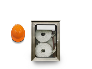 Fire hose cabinet and safety helmet in office building for fire protection preparation PNG transparent