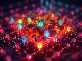  featuring a network of interconnected nodes and blocks forming a decentralized ecosystem. Made by generative AI.