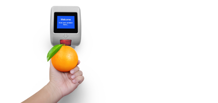 Price scanner with oranges in hand isolated PNG transparent