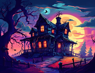 Haunted House, Halloween Background, Halloween Resources. Wall Art, Spooky, Creepy, Colorful, Cartoonish, Jack o Lantern. Generative AI
