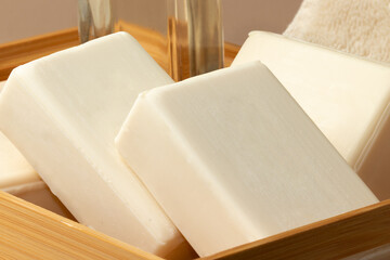 Fresh organic soap bars close up.