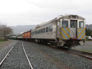 Fototapeta na wymiar Old Train along Oregon Coast on a Gloomy Day 