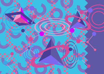Blue, pink and purple busy psychodelic volumetric background. Simple geometric vector. Vibrant graphic old retro geometrical shapes. Abstract art cartoon banner, poster illustration.