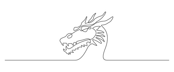 Obraz premium Dragon head in one continuous line drawing. Magical fictional creature for Chinese traditional symbol in simple linear style. Editable stroke. Doodle outline vector illustration