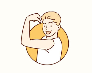 happy strong kid posing. Hand drawn style vector design illustrations.