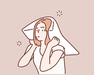 Bed woman covering ears with pillow. Hand drawn style vector design illustrations.