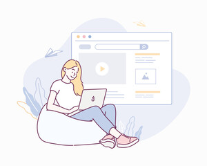 Woman relaxing on couch and using laptop.Hand drawn style vector design illustrations.