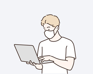 Man wearing face mask to protect coronavirus covid-19 using laptop computer. Hand drawn style vector design illustrations.