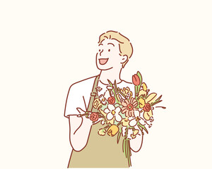 Young handsome man with beautiful flower. Hand drawn style vector design illustrations.
