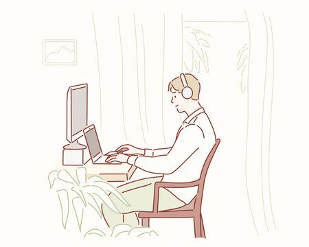 Young man working on laptop at home. Hand drawn style vector design illustrations.