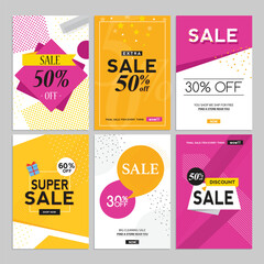 Modern pink and yellow sales brochure set. Advertise sales and discounts on various merchandise. Vector