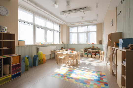 Interior of modern kindergarten classroom, generative AI