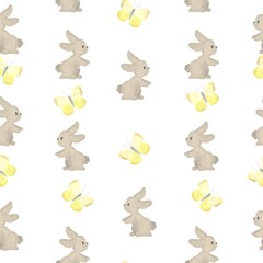 Pattern with bunny and butterfly. Cute rabbit and yellow butterfly seamless pattern. Vintage romantic nature hand drawn.