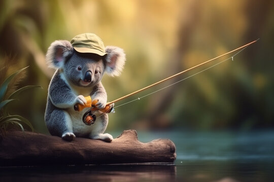 cute koala is fishing