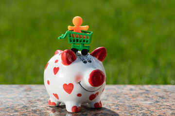 Symbolic figurine of a child in a miniature shopping cart from a supermarket and a funny piggy bank with a human heart symbol