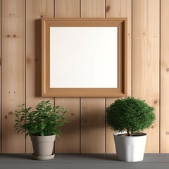 Minimalist wooden frame mockup on natural wooden wall, generative AI