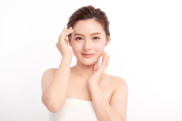 Beautiful young asian woman with clean fresh skin on white background, Face care, Facial treatment, Cosmetology, beauty and spa, Asian women portrait.