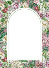 Arch frame with seamless floral pattern with pink,white peonies, leaves on a dusty pink background, Botanical watercolor frame with floral background. Templates for postcard,invitation, check list