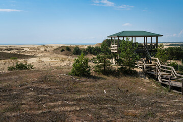 Fototapeta na wymiar Observation deck at Efa height with an overview of the Staroderevenskaya Dune and the Baltic Sea on a sunny summer day, Curonian Spit, Kaliningrad region, Russia
