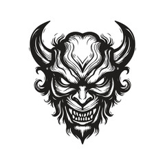 demon face, vintage logo line art concept black and white color, hand drawn illustration