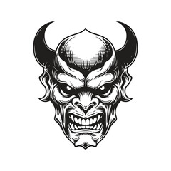 demon face, vintage logo line art concept black and white color, hand drawn illustration
