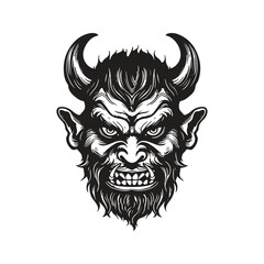 demon face, vintage logo line art concept black and white color, hand drawn illustration