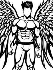 black and white of man and wing cartoon