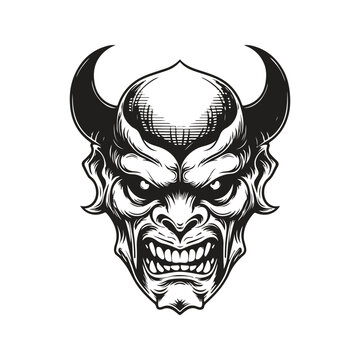 demon face, vintage logo line art concept black and white color, hand drawn illustration