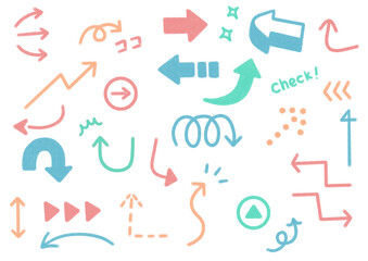 マーカーペンで書いたような手書き矢印のカラフルなパステルカラーのアイコンセット