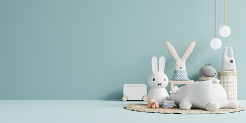 Mockup wall in the children's room on wall blue colors background