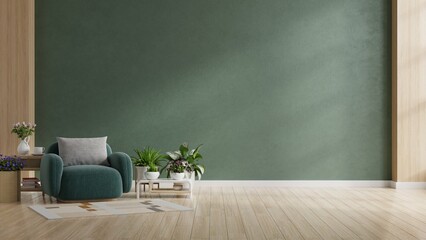 Living room interior with green armchair and decoration room on empty dark green wall background