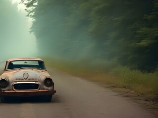 Obraz na płótnie Canvas Generative AI of an old rusty broken car on an empty road